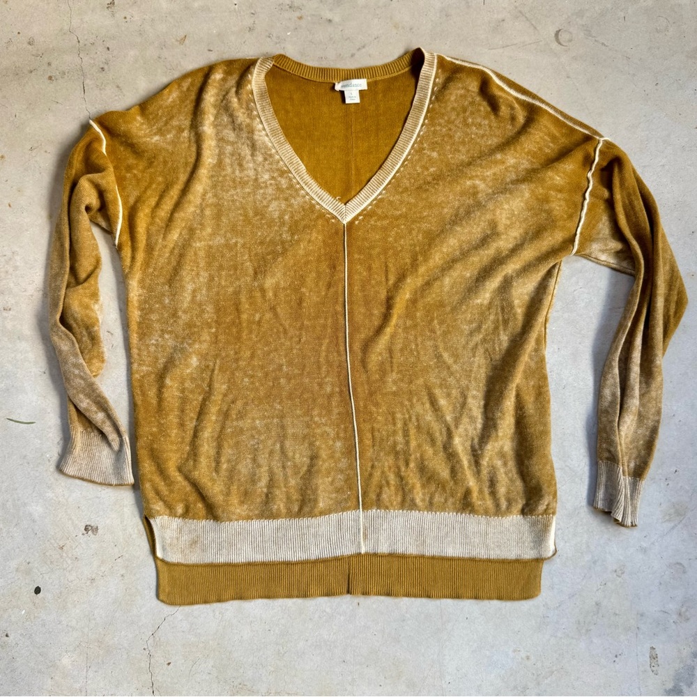 Sundance Women's Large V-Neck Mustard Long-Sleeve Top 100% Cotton